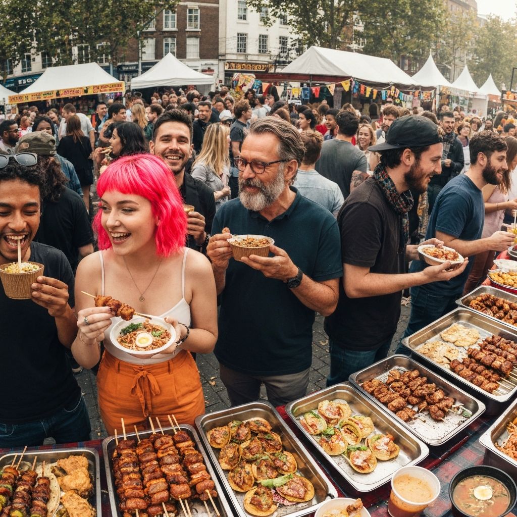 Diverse group enjoying street food at a neighborhood festival