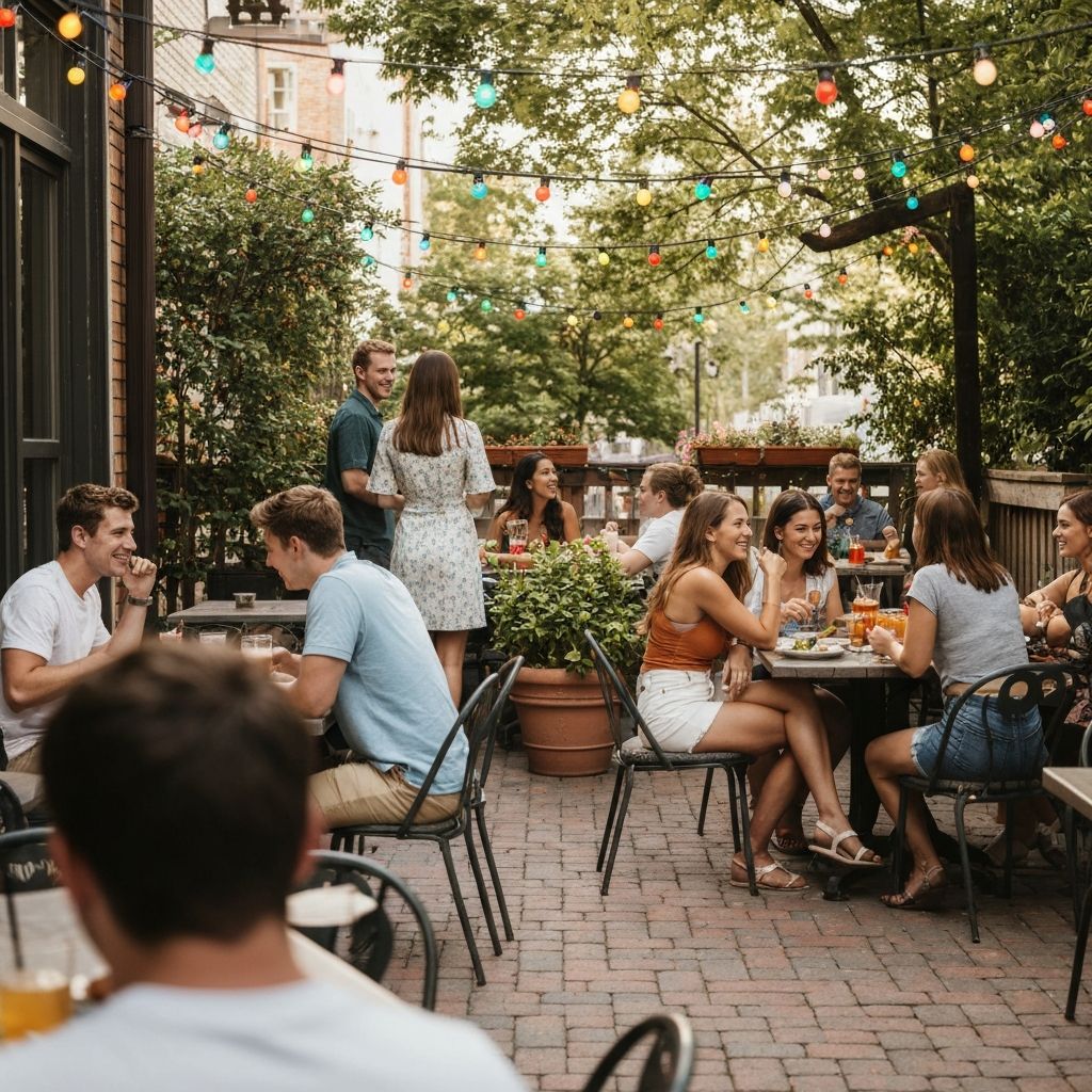 Outdoor dining patio filled with happy customers enjoying meals