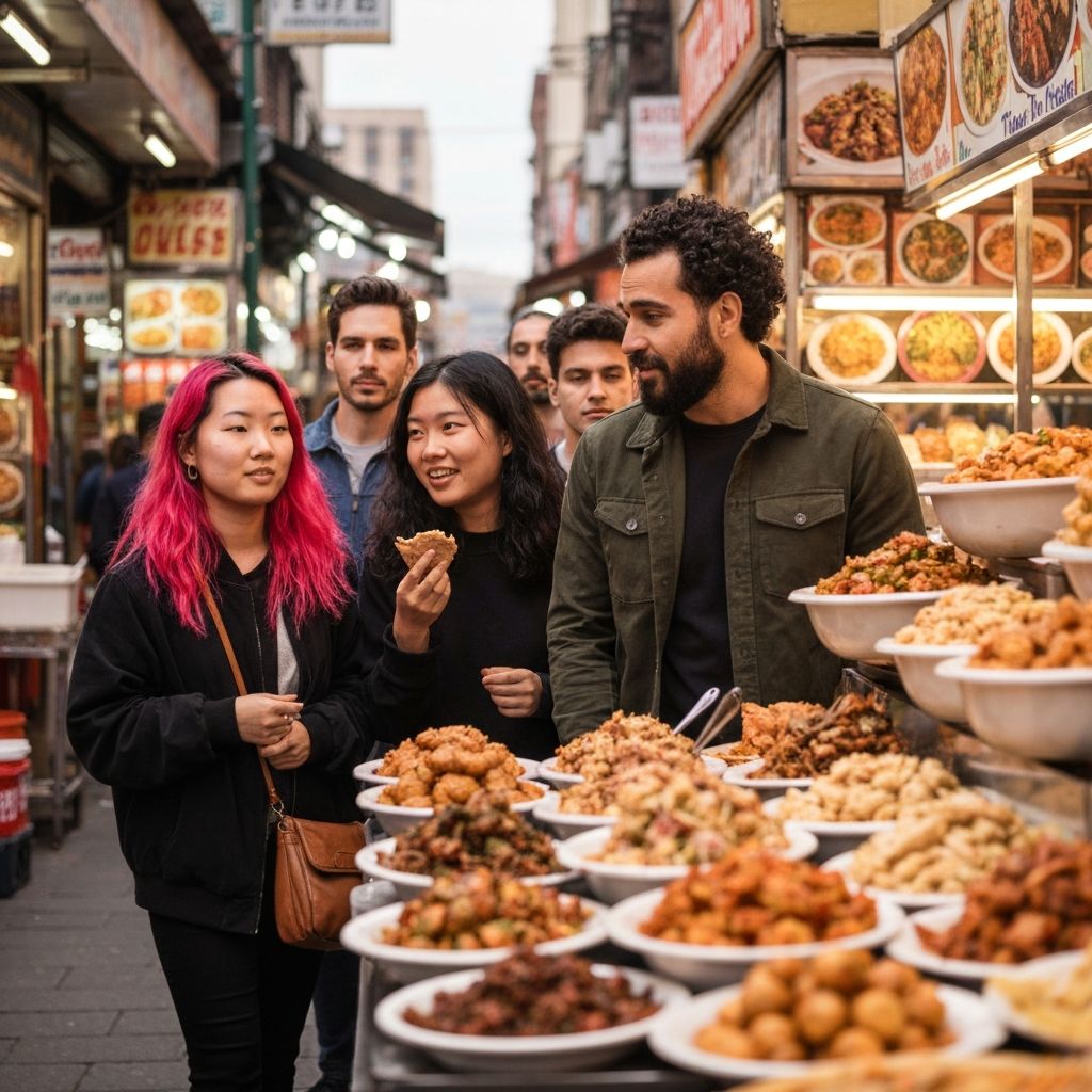 People exploring diverse ethnic food options in a cultural neighborhood